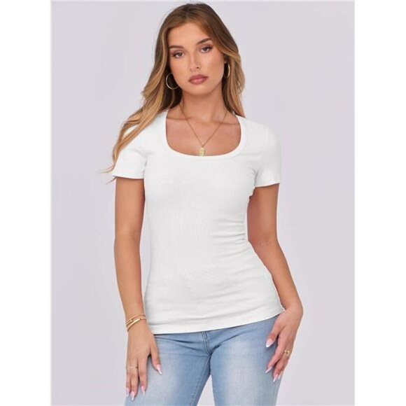 ANRABESS Ribbed Scoop Neck Short Sleeve Slim Fit Tee Womens Summer Top - Picture 3 of 7